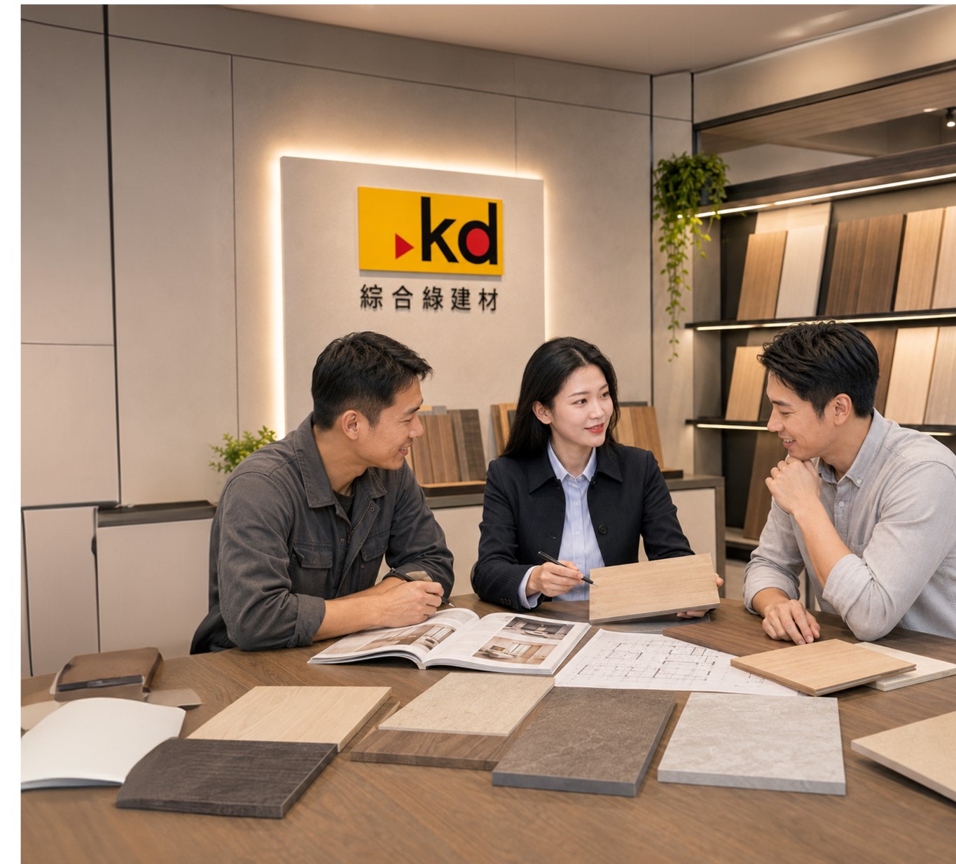 設計師與 KD 夥伴在展示空間討論圖面與建材樣本
